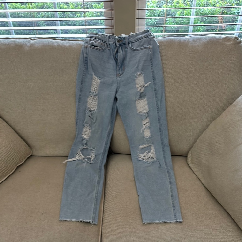 Hollister Blue Straight Leg Jeans with Distressed Details